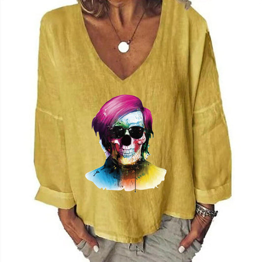 Women's Halloween Head Printed Loose Top Cotton And Linen