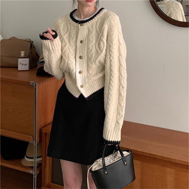 Round Neck Loose and Lazy Style Short Knitted Cardigan Sweater Coat