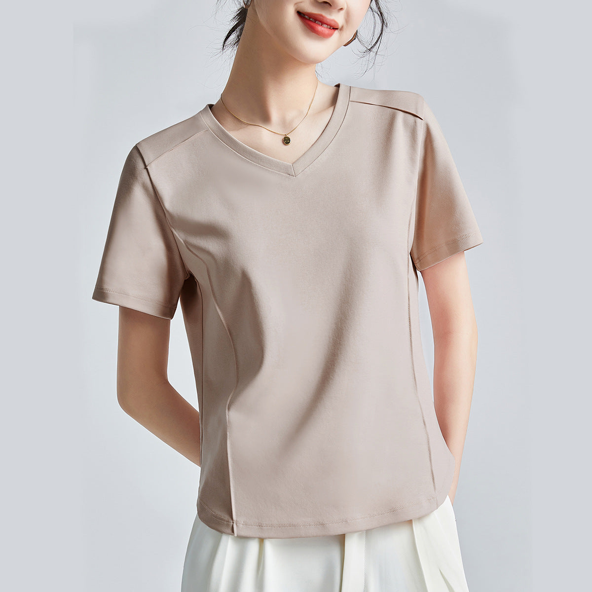 Mercerized Cotton Round Neck Shoulder T-Shirt