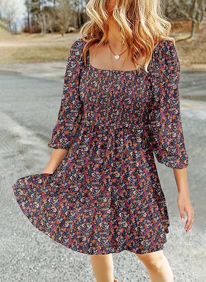 Women's 3/4 Sleeve Printed Dress with Square Collar and Pleating