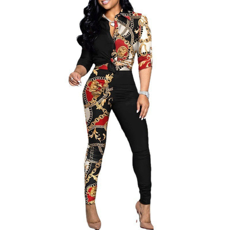 Two-Piece Set with Printed Long-Sleeved Lapel Shirt and Casual Pants