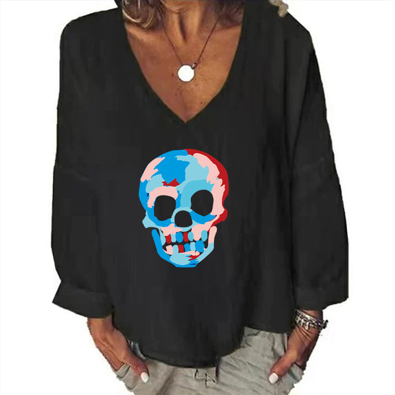 Women's Halloween Head Printed Loose Top Cotton And Linen