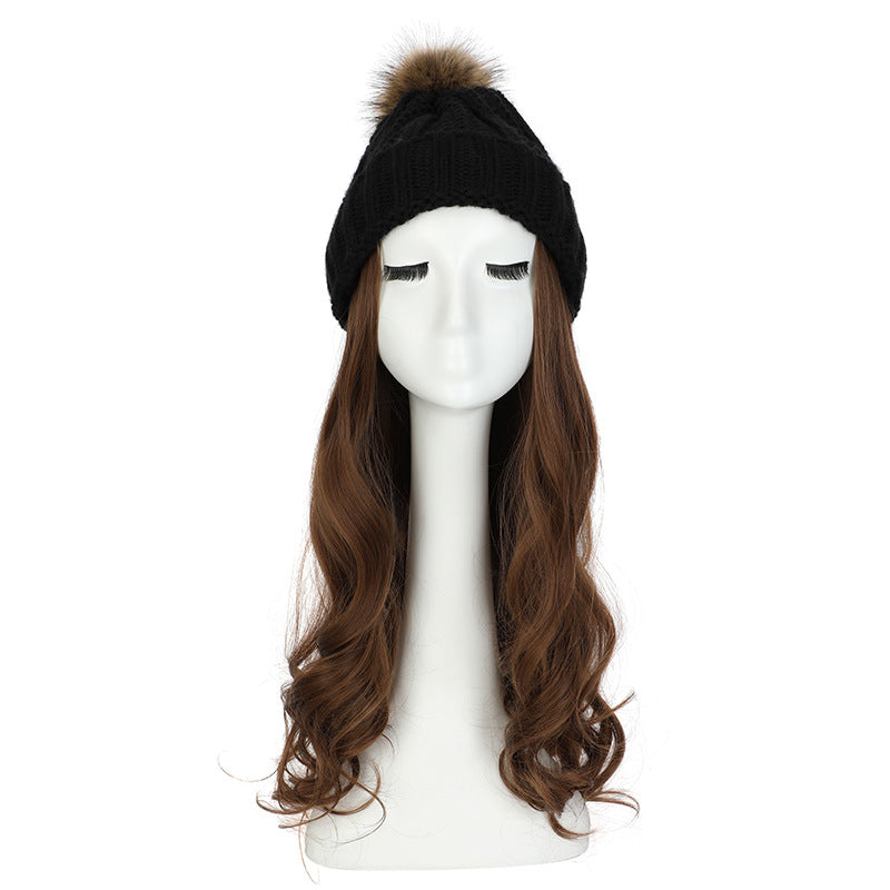 Women's Hat Wig Detachable Woolen Cap