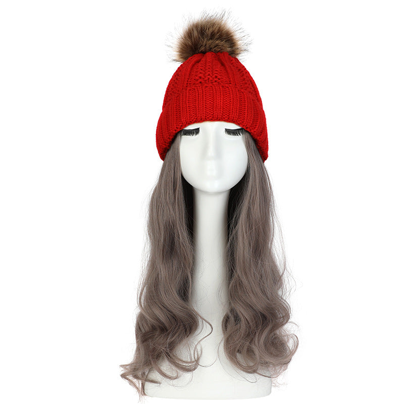 Women's Hat Wig Detachable Woolen Cap