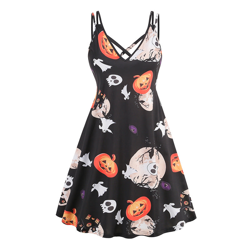 V-neck Strap Gothic Dress with Halloween Printed Pumpkin, Flowers, and Bats