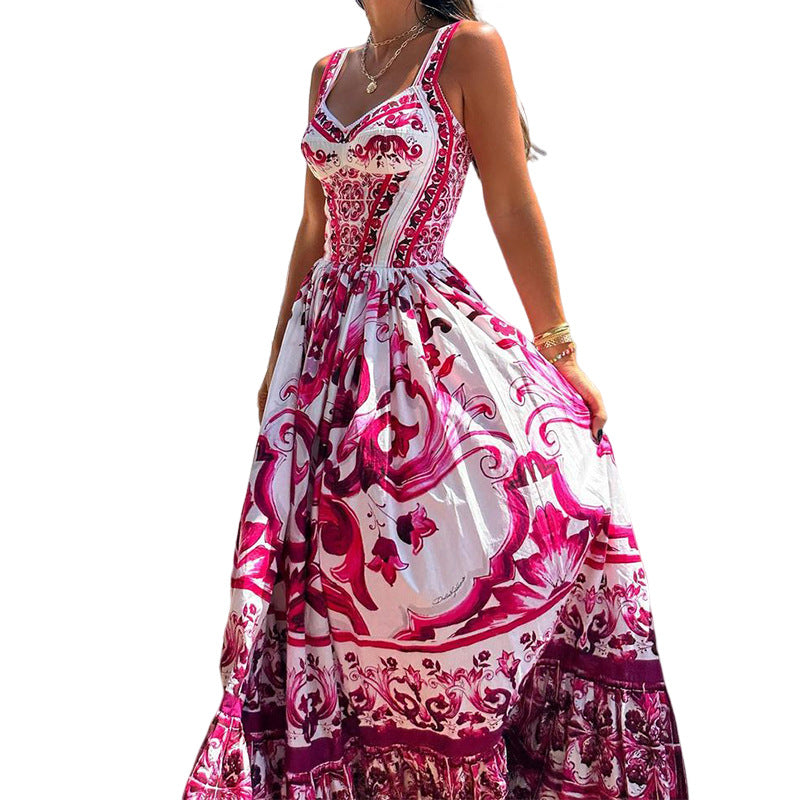 Women's Fashion Temperament Printed Spaghetti Straps Sleeveless Waist-controlled Large Hem Dress