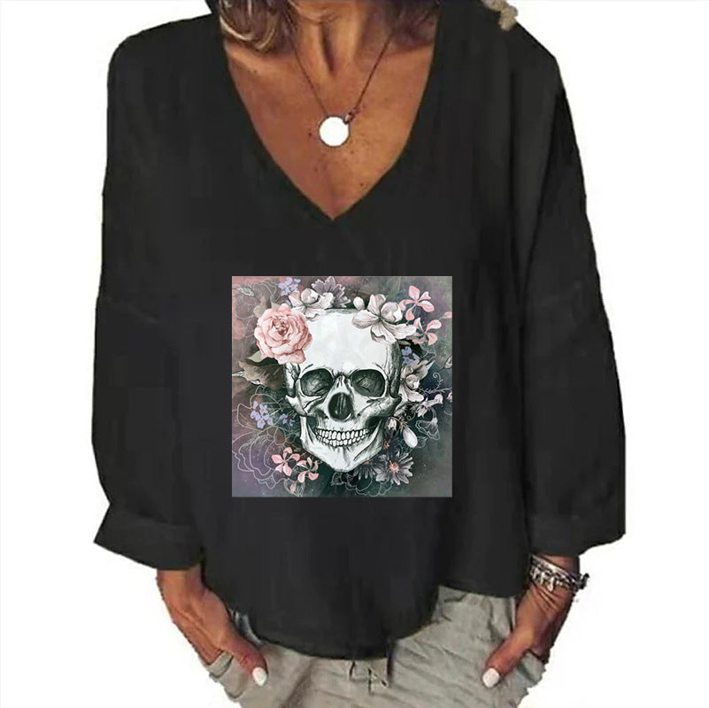 Women's Halloween Head Printed Loose Top Cotton And Linen