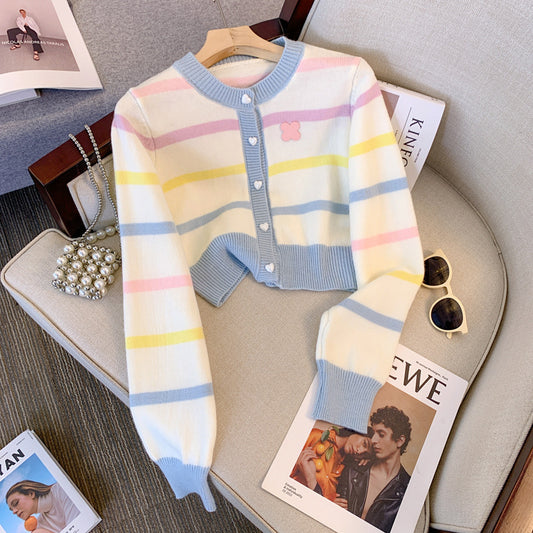 Heart Velvet Buckle Knitted Cardigan Top with Color Stripes