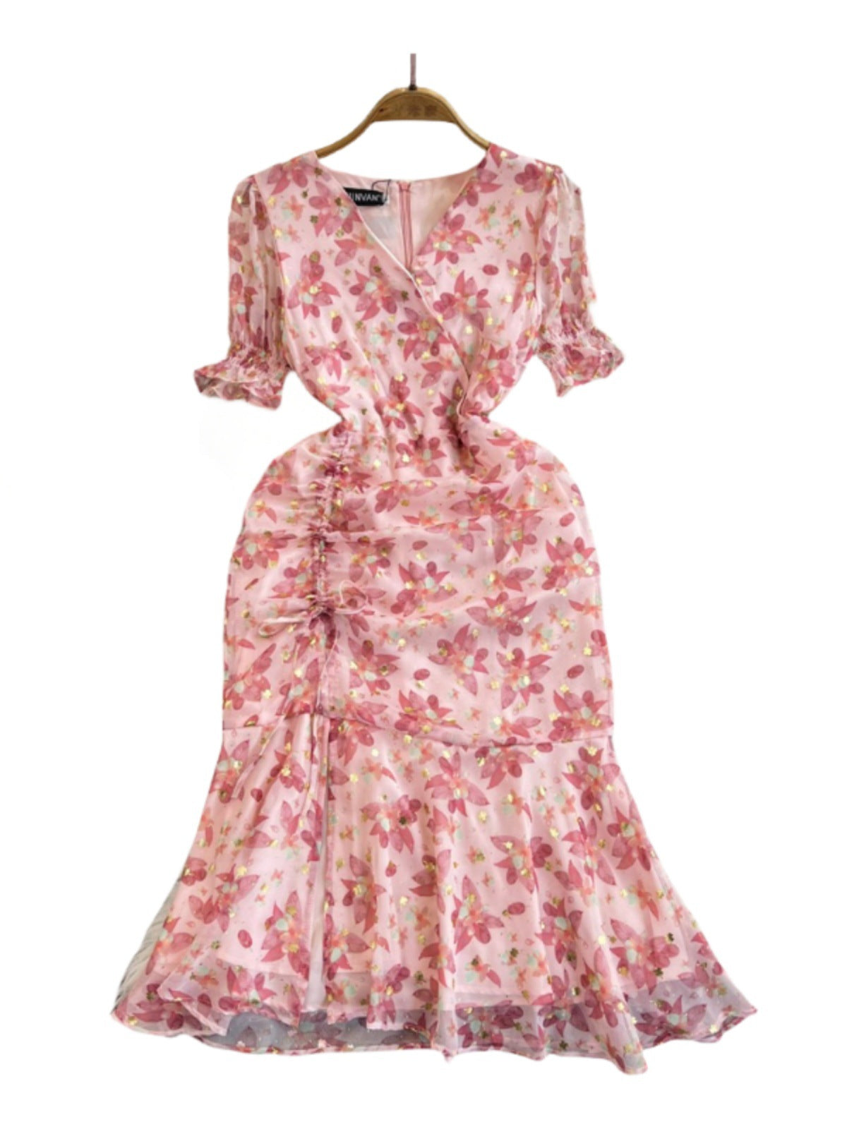 Slim Fishtail Chiffon Dress with Small Floral Pattern