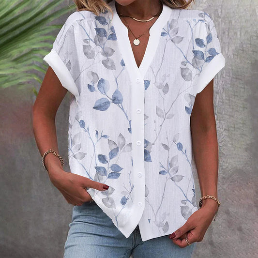 Casual Stand Collar Short Sleeve Regular Cardigan Digital Printing Top Shirt