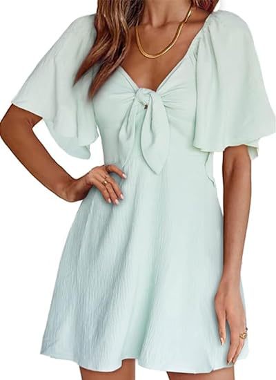 V-neck Short Sleeve Dress with Bow Tie for Women