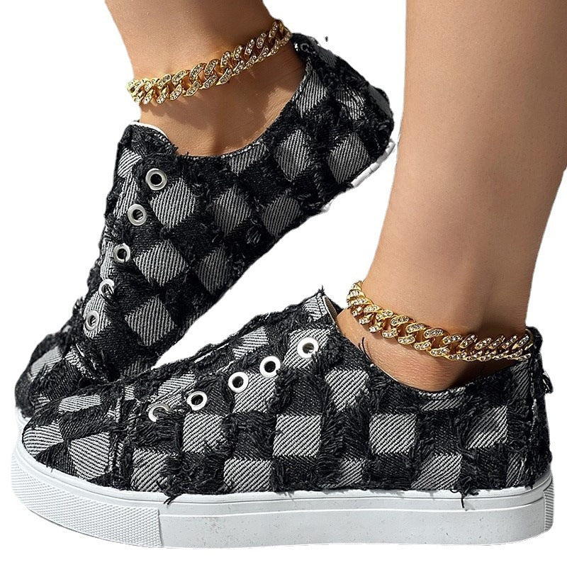 Step into Style with Women's Slip-on Denim Plaid Shoes