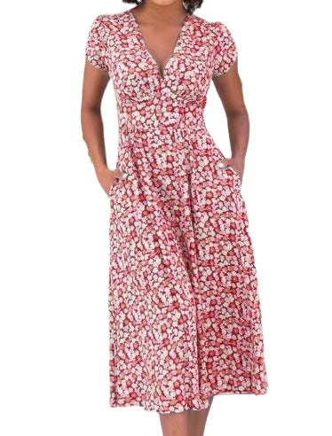Women's Bohemian V-Neck Dress with Printed Pockets