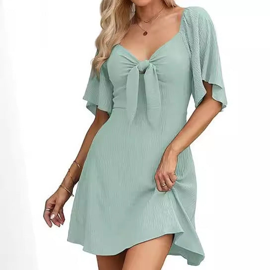 V-neck Short Sleeve Dress with Bow Tie for Women