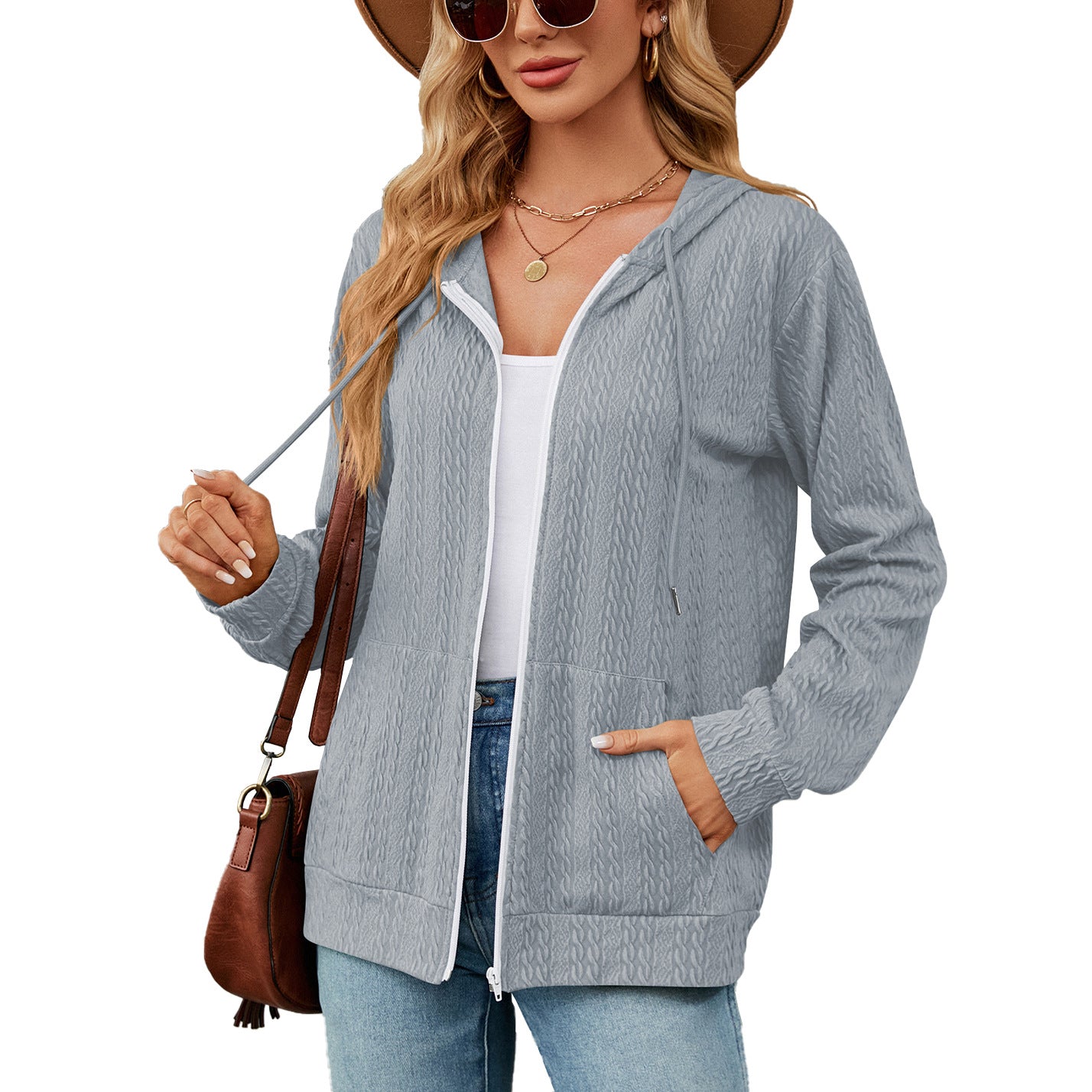 Loose Long Sleeve Hooded Zip Cardigan Pocket Sweatshirt Women