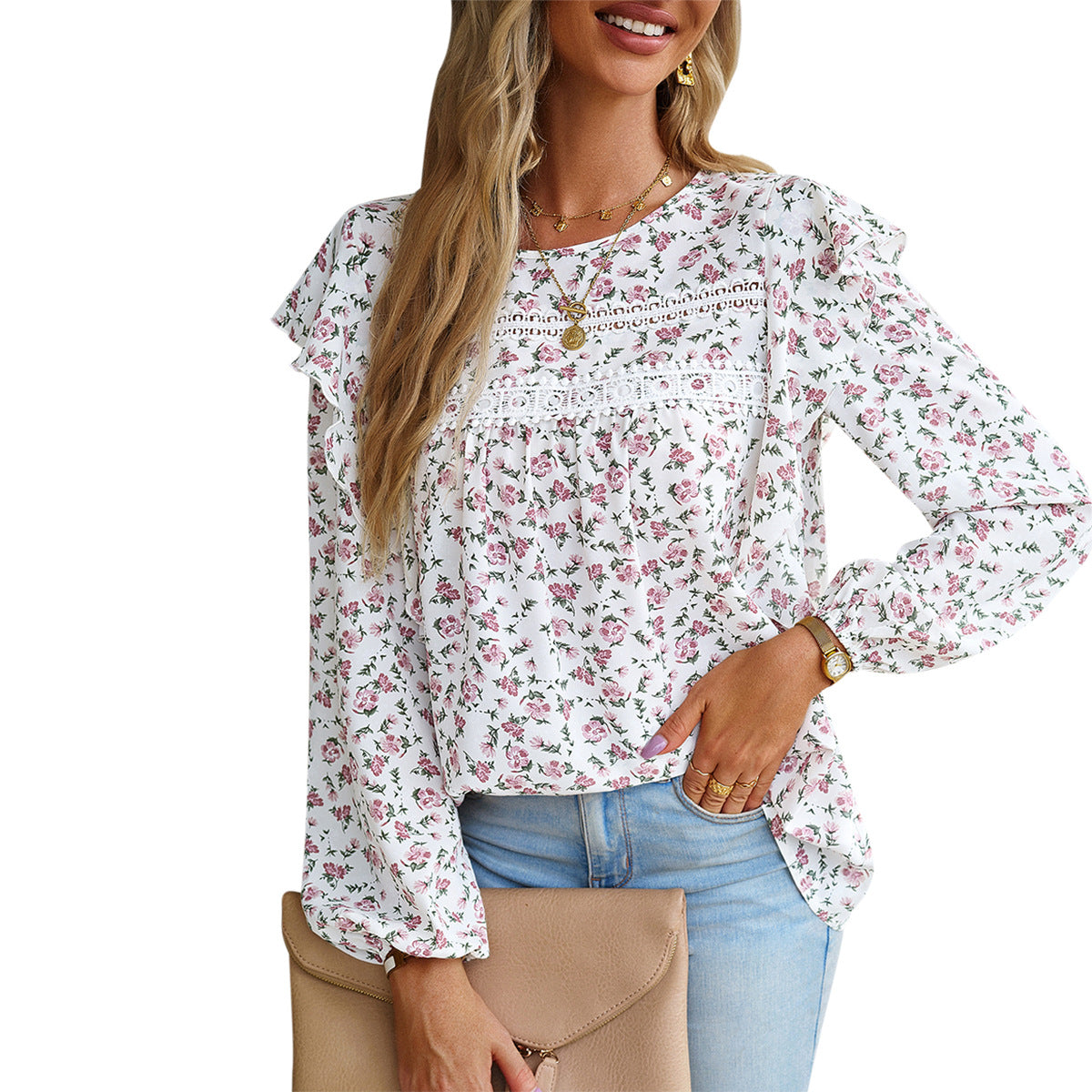 Chic Women's Round Neck Long Sleeve Floral Shirt for Fashionable Style