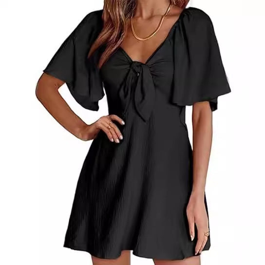 V-neck Short Sleeve Dress with Bow Tie for Women