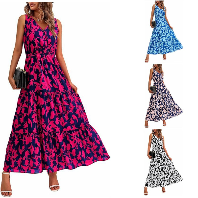 Women's V-neck Printed Dress with Elastic Waist