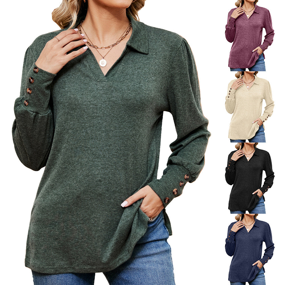 Button Loose-fitting Sanding T-shirt Top For Women