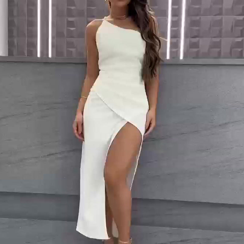 European and American Dress with Diagonal Collar and Shoulder Slit