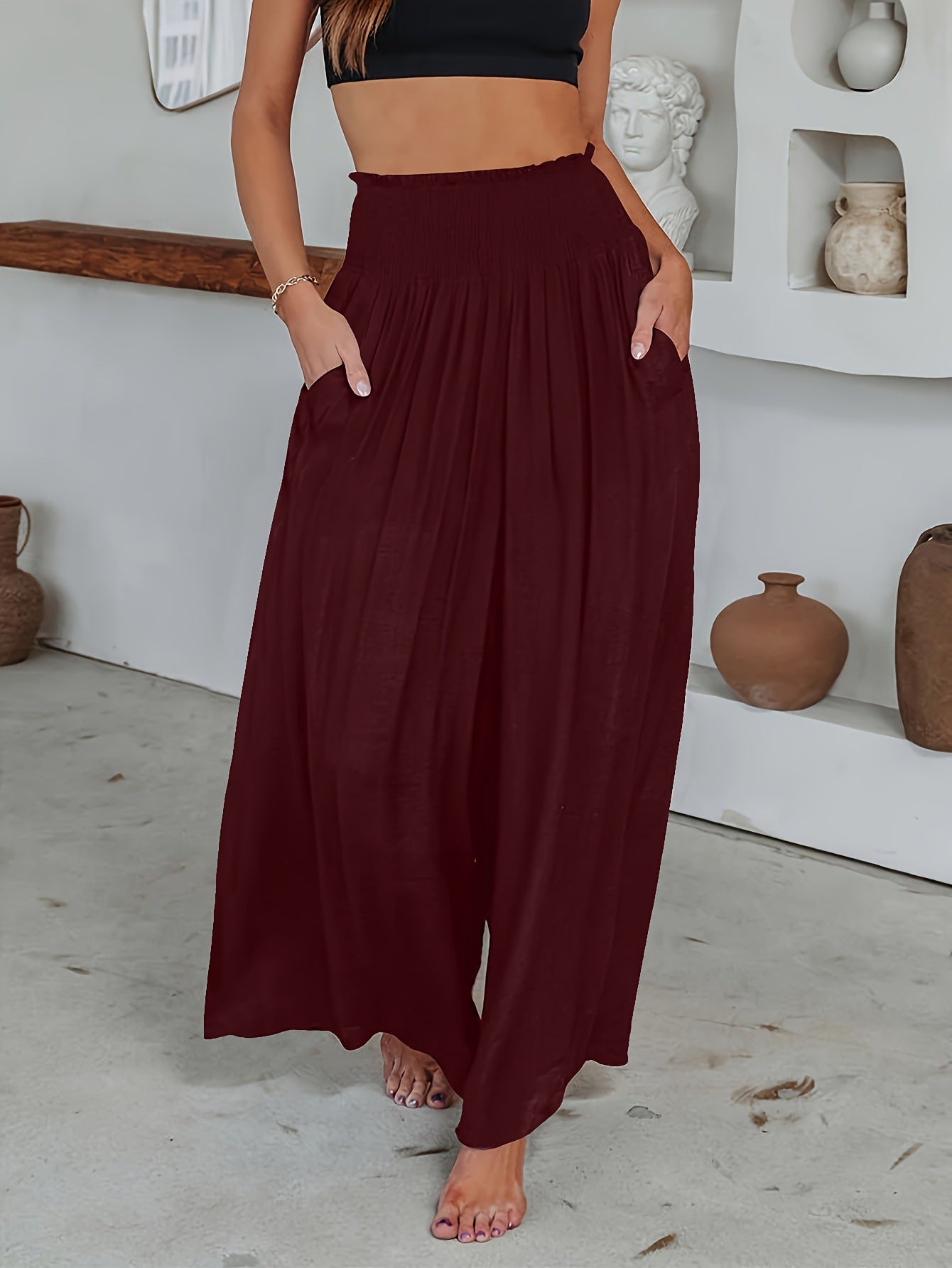 Summer Casual Smocked Mid-Waist Women's Trousers