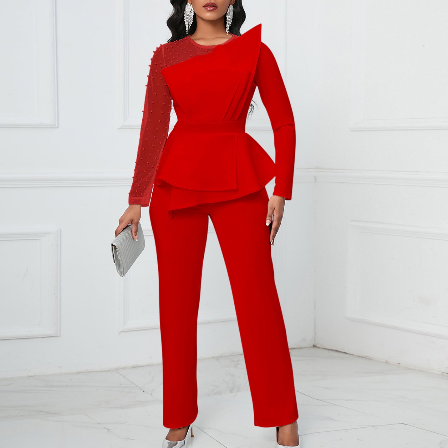 Long Sleeve Jumpsuit with Mesh Splicing and Bead Embellishments for Banquets