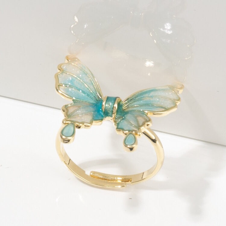 Gradient Blue Epoxy Butterfly Ring with Special-interest Design