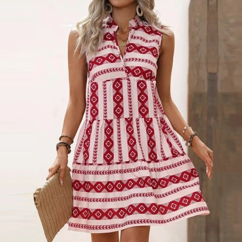 Women's Sleeveless V-Neck A-Line Dress with Geometric Print