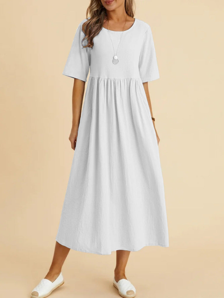 Casual Round-Neck Dress in Loose Cotton Linen, Perfect for Women's Fashion and Comfort