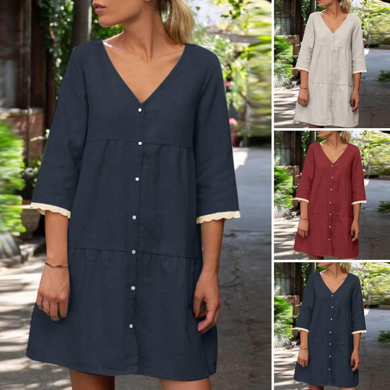 Button-Up Solid Color Casual Dress with Stand Collar