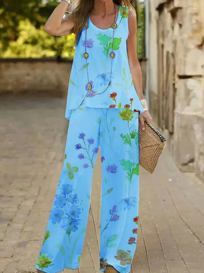 Women's Fashion Printed Casual Two-Piece Suit with Vest and Trousers