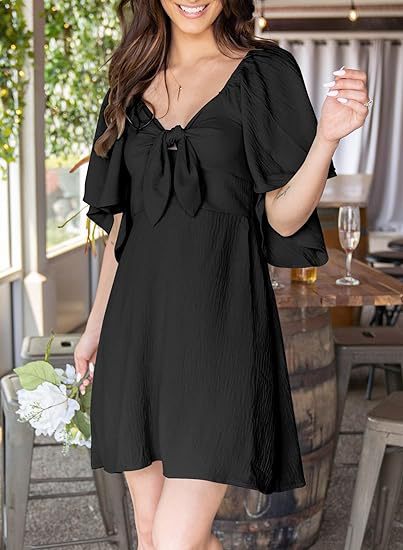 V-neck Short Sleeve Dress with Bow Tie for Women