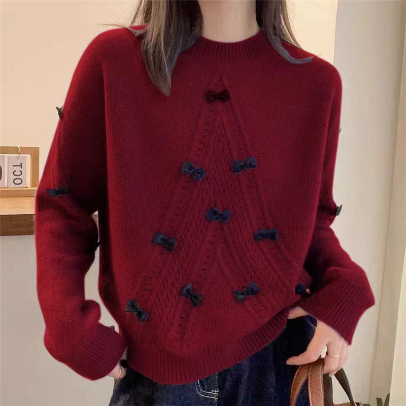 Round Neck Long Sleeve Sweater with Hollow Bow Detail – Three-Dimensional, Anti-Aging Fashion