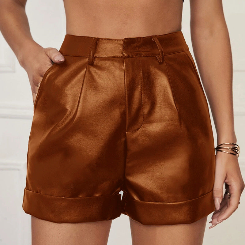 Women's High Rolled Hem Pleated PU Leather Shorts: Casual Hip-wrapped Outerwear