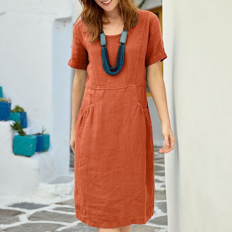 Loose Pockets Cotton and Linen Dress for Women