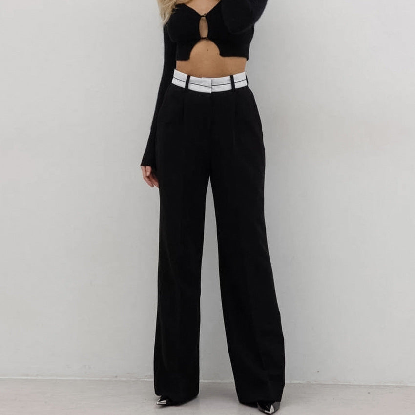 Fashionable Simple Contrast Color Wide-Leg Pants