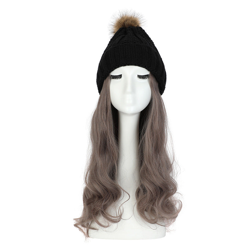 Women's Hat Wig Detachable Woolen Cap