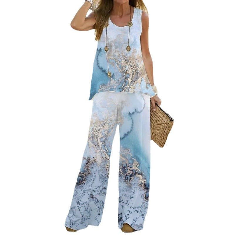 Women's Fashion Printed Casual Two-Piece Suit with Vest and Trousers