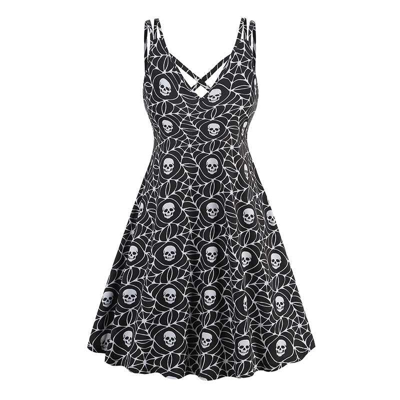 V-neck Strap Gothic Dress with Halloween Printed Pumpkin, Flowers, and Bats