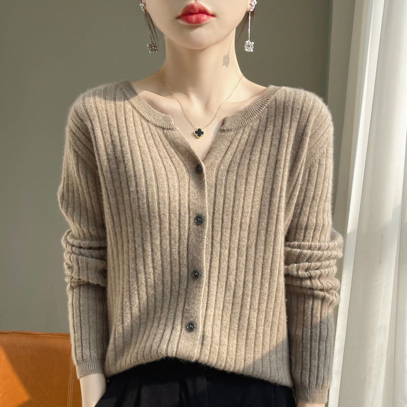 Round Neck Slim-Fit Short Striped Knitted Cardigan Jacket in Solid Color