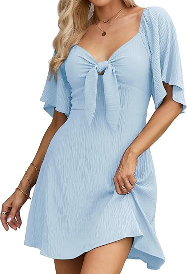 V-neck Short Sleeve Dress with Bow Tie for Women