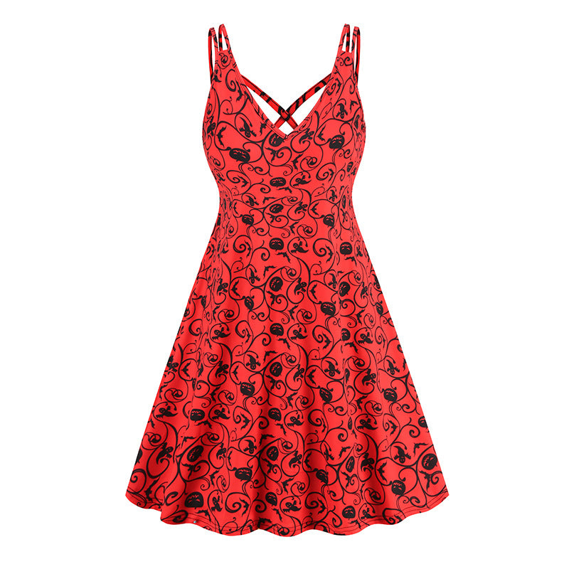 V-neck Strap Gothic Dress with Halloween Printed Pumpkin, Flowers, and Bats