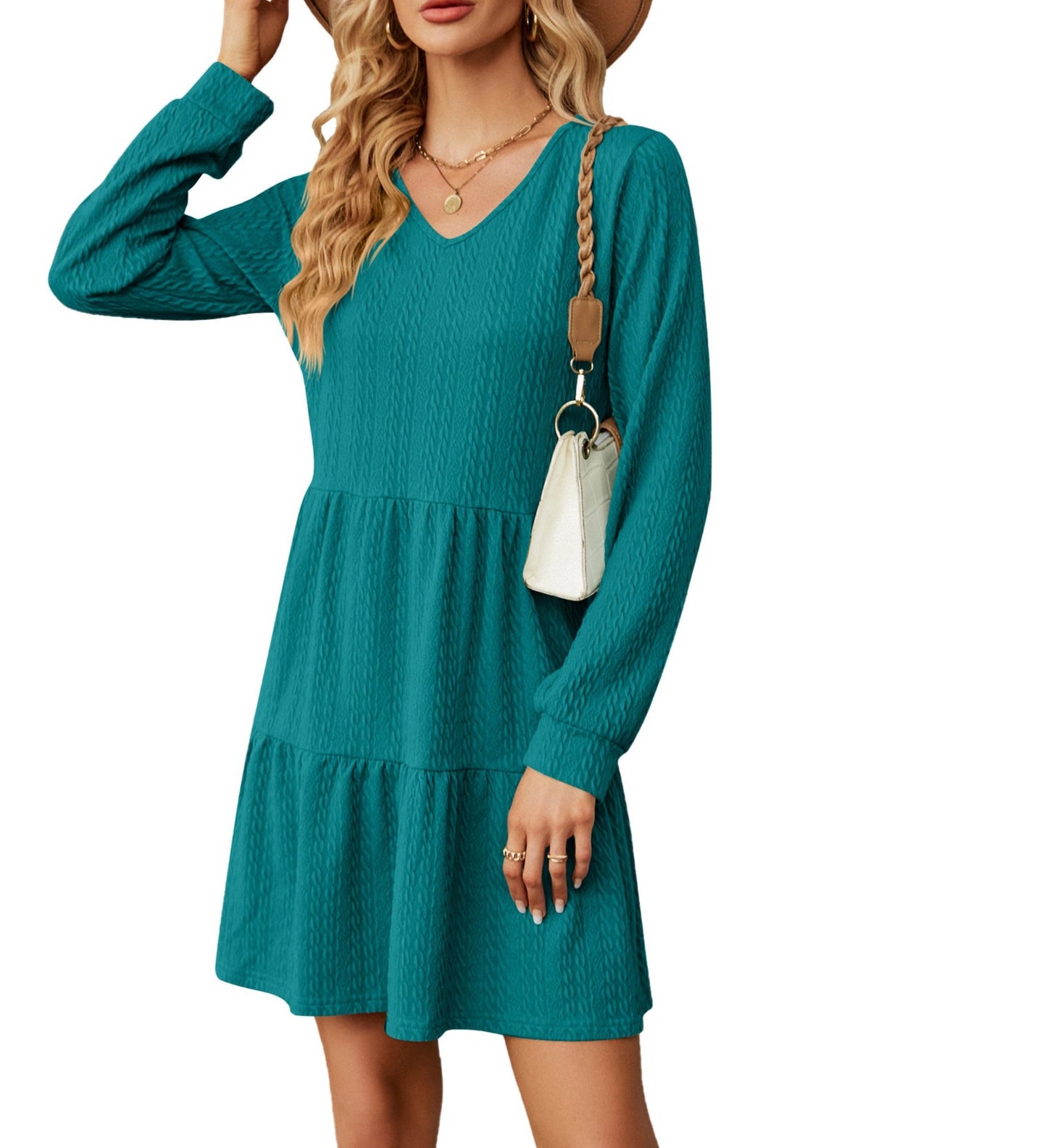 Ladies' V-neck Long Sleeve Dress with Solid Color and Loose Fit