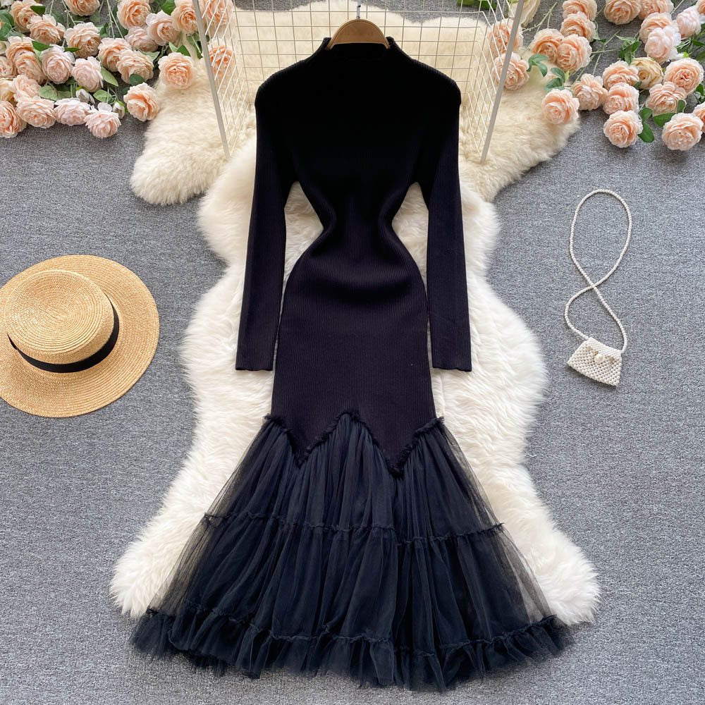 Women's Mesh Stitching Over-the-knee Knitted Fishtail Female Dress