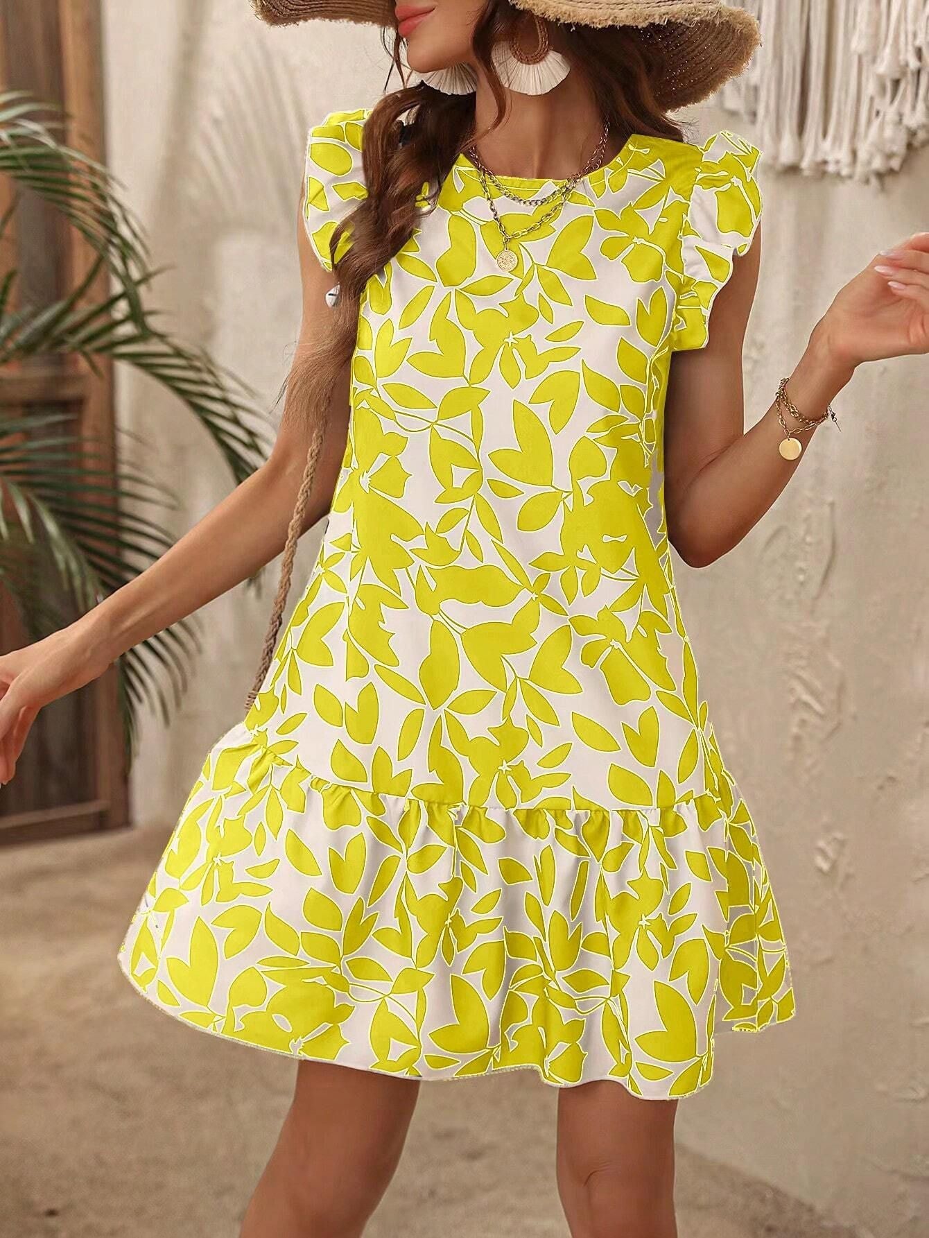 Women's Round Neck Dress with Printed Ruffles