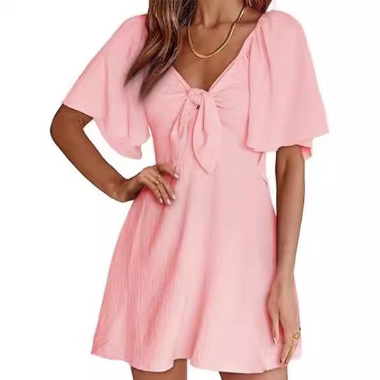 V-neck Short Sleeve Dress with Bow Tie for Women