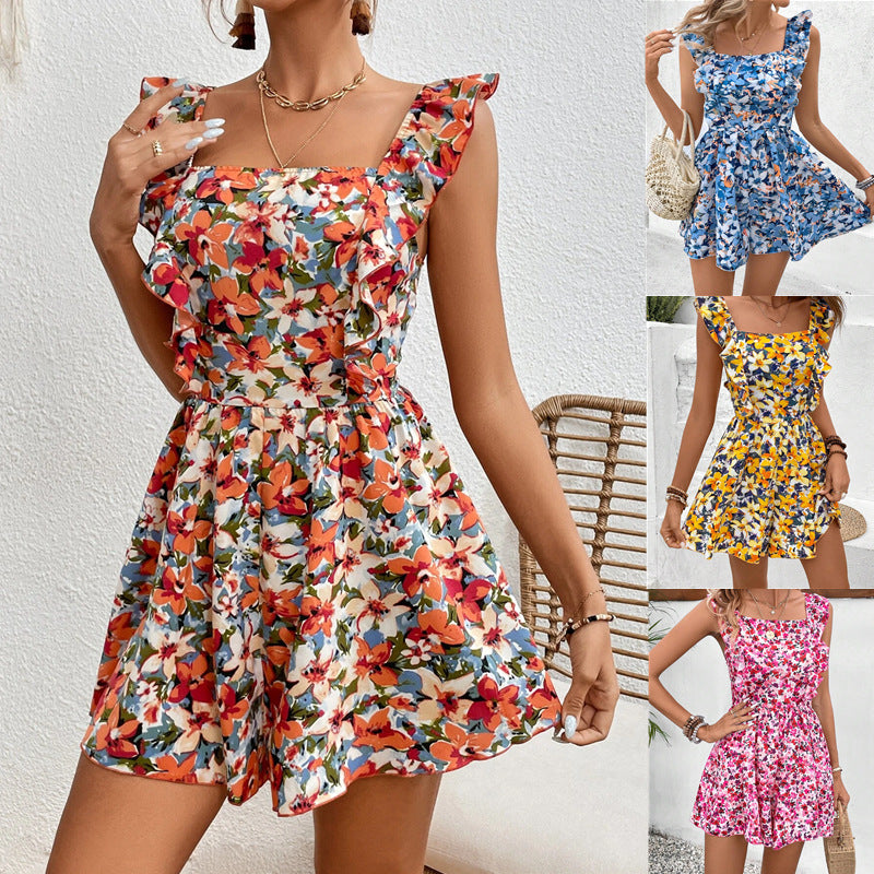 Sleeveless Square Collar Jumpsuit with Printed Design and Elastic Waist Back