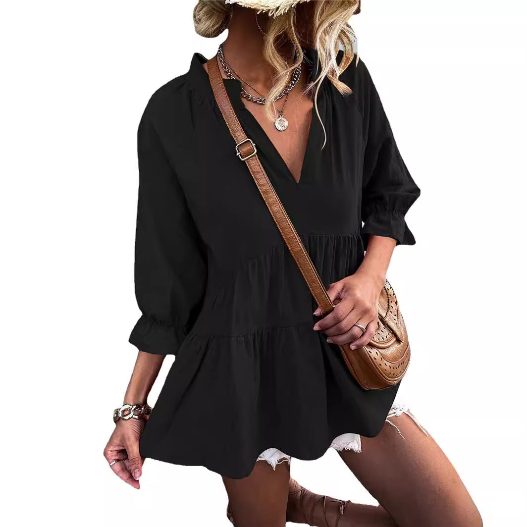 Women's Pleated V-Neck Loose-Fit Short Top