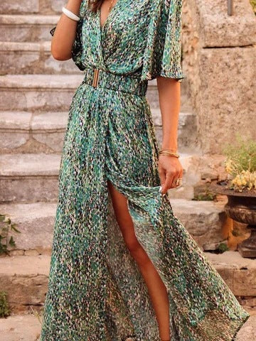 Women's Graceful And Fashionable Slimming Printed Cinched Mid-length Dress