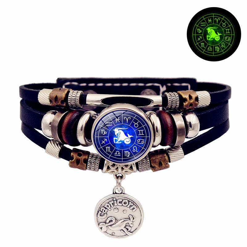 Luminous Twelve Constellation Snap Button Vintage Multi-layer Beaded Leather Bracelet